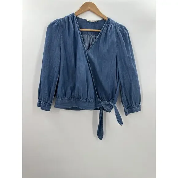 Madewell Women's Denim Top Wrap V-Neck Puff Sleeve Small - Picture 2 of 11